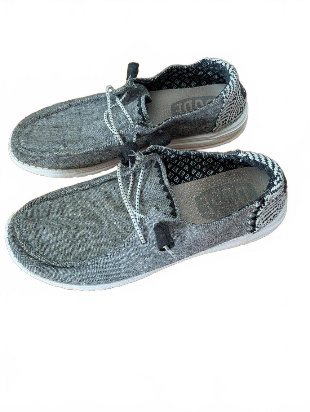 Hey Dude Wendy 8 M Chambray Woven Onyx Grey Casual Slip-On Shoes Indy Sleaze